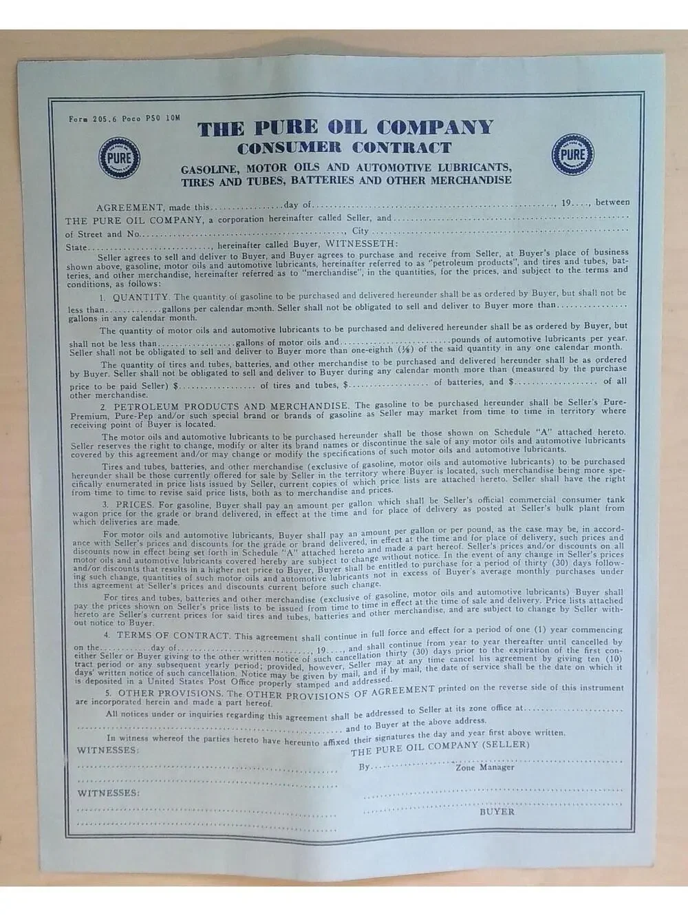 Vintage 1940s-50s Pure Oil Company Consumer Contract Gas Oil Ephemera Paper